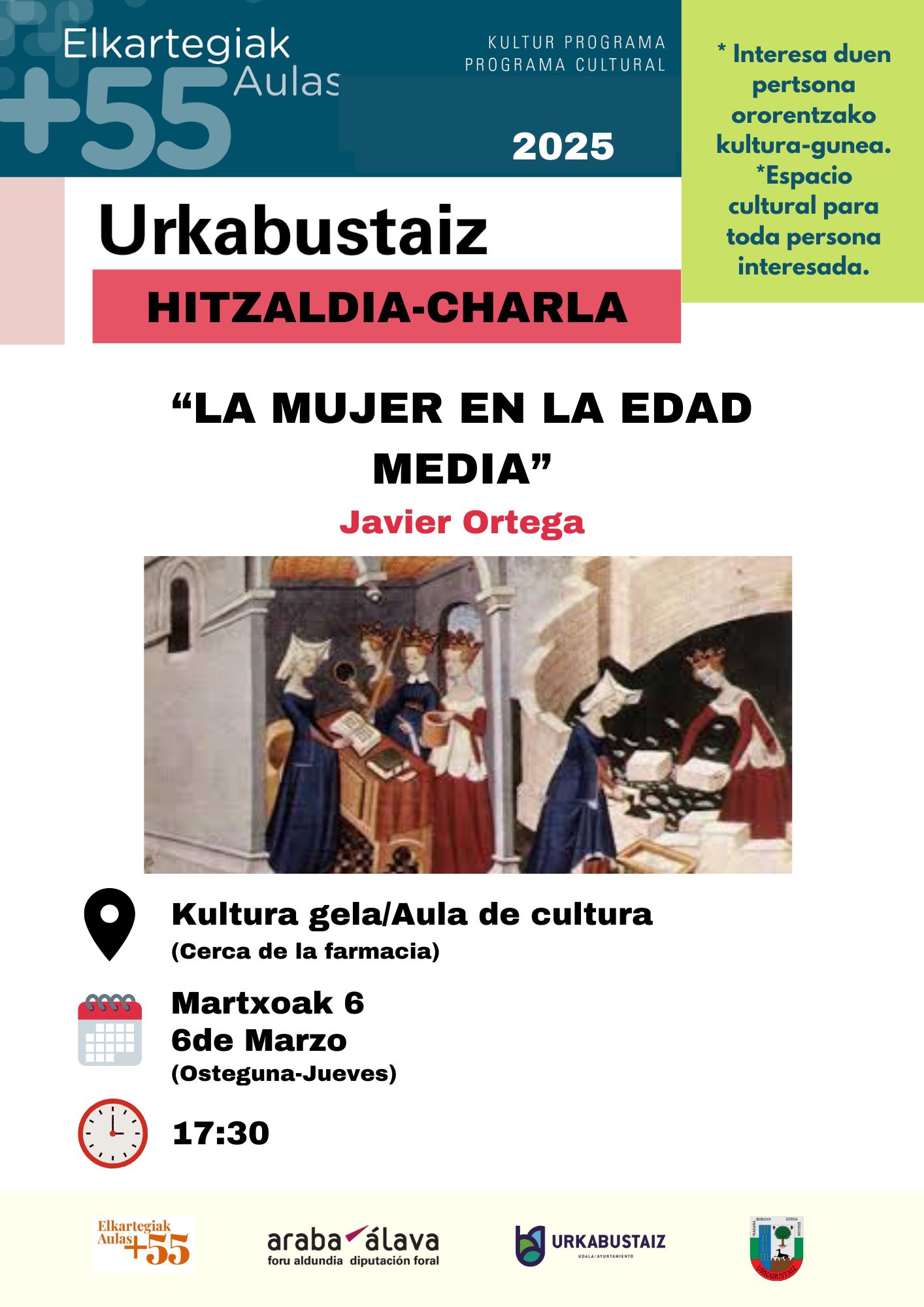 [:es]Conferencia - 'La mujer en la Edad Media'[:eu]Hitzaldia - 'Emakumea Erdi Aroan'[:] @ Aula de Cultura (al lado de la farmacia)